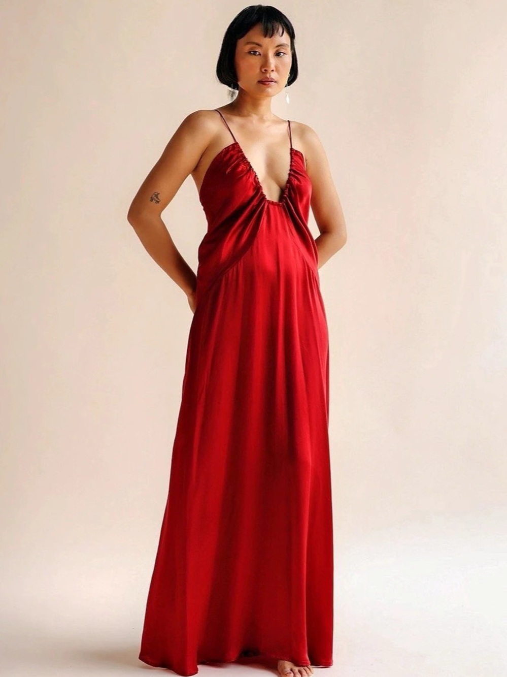 Red Satin Spaghetti Strap Maxi Dress